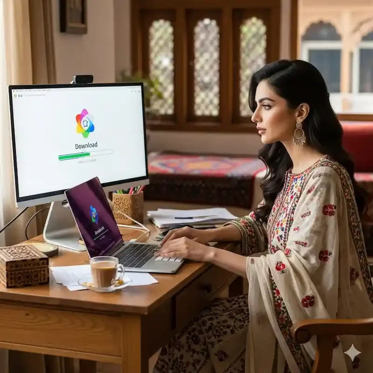 Woman at a home desk downloading a digital product on her laptop