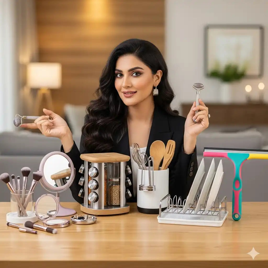 Indian woman styling; beauty tools, home & kitchen organiser and squeegee on a table.