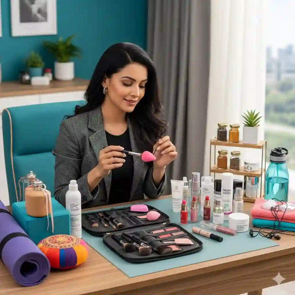 Indian woman styling at desk; beauty tool , makeup essentials, skin care product and compact kitchen organiser on table, teal accent.