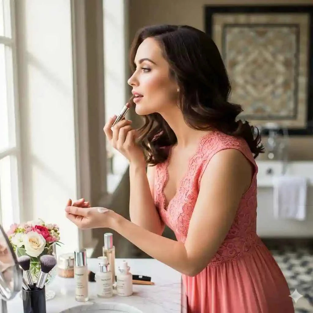 Woman applying lipstick at a vanity with skincare and makeup bottles, Beauty & Skincare banner