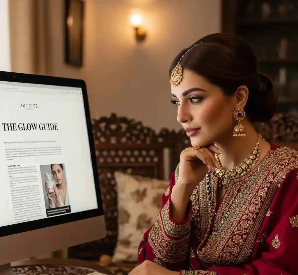 Woman in traditional attire looking at a computer screen with 'The Glow Guide' displayed.