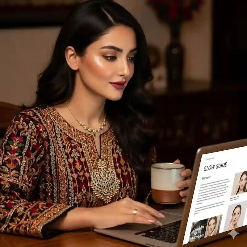 Woman in festive ethnic outfit reading a laptop that shows 'Glow Guide' while holding a mug.