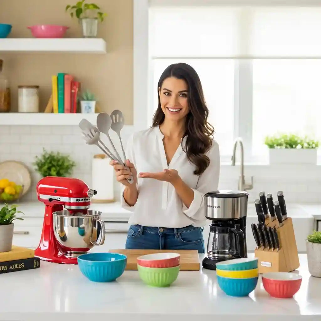 Woman in a modern kitchen holding cooking utensils beside mixer and coffee maker—Home & Lifestyle banner