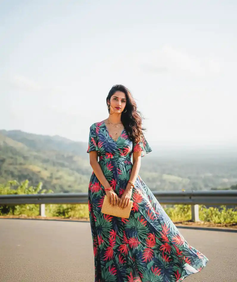 Woman in a floral dress standing on a road with mountains in the background-madhu roy founder of -Urbanzora