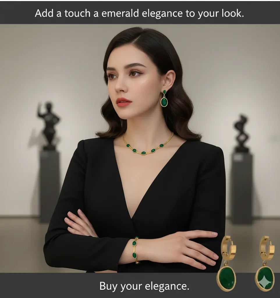 Woman wearing green jewelry with text promoting elegance.