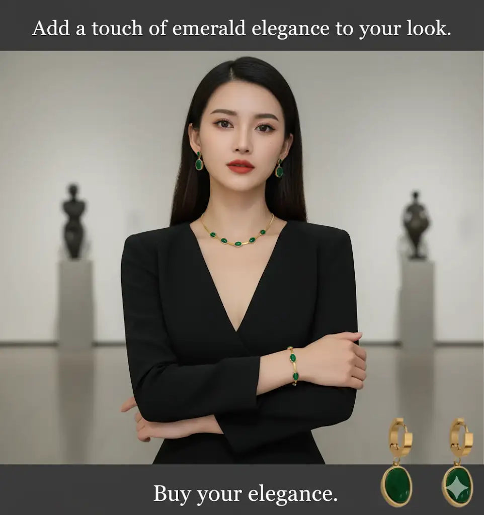 Woman wearing green jewelry with text promoting elegance