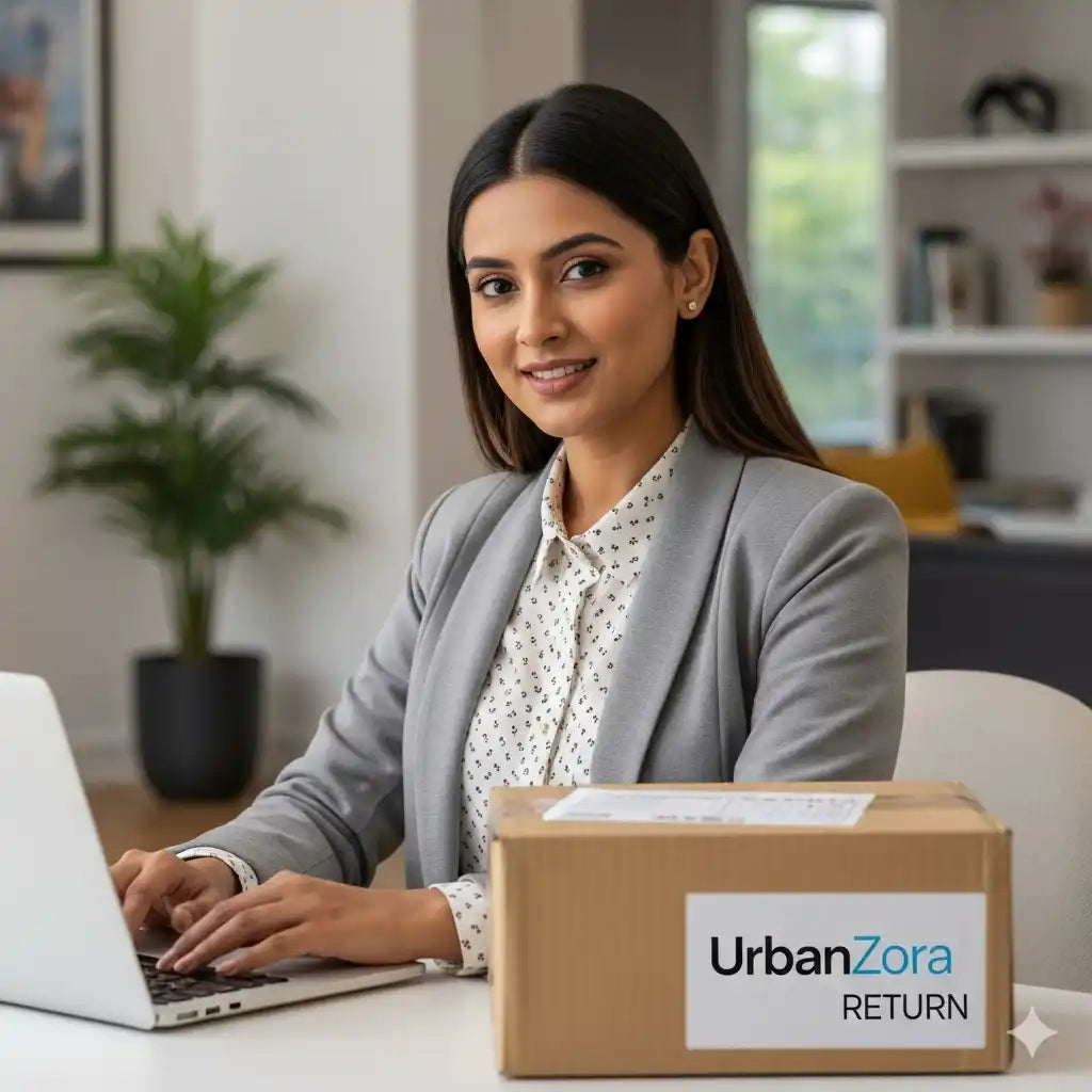 Woman sitting at a desk with a laptop and a box labeled 'UrbanZora Return' in an office setting.