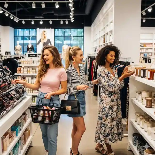 Three women shopping in a store with shelves and products around them.