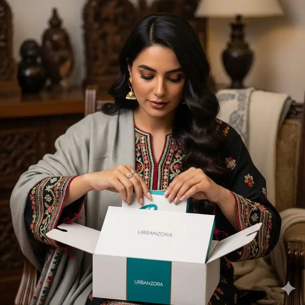 Woman opening a box with 'Urbanszora' branding in a home setting.