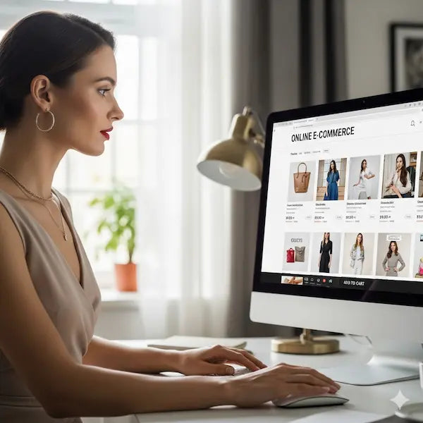 Woman browsing the UrbanZora online store on a desktop computer