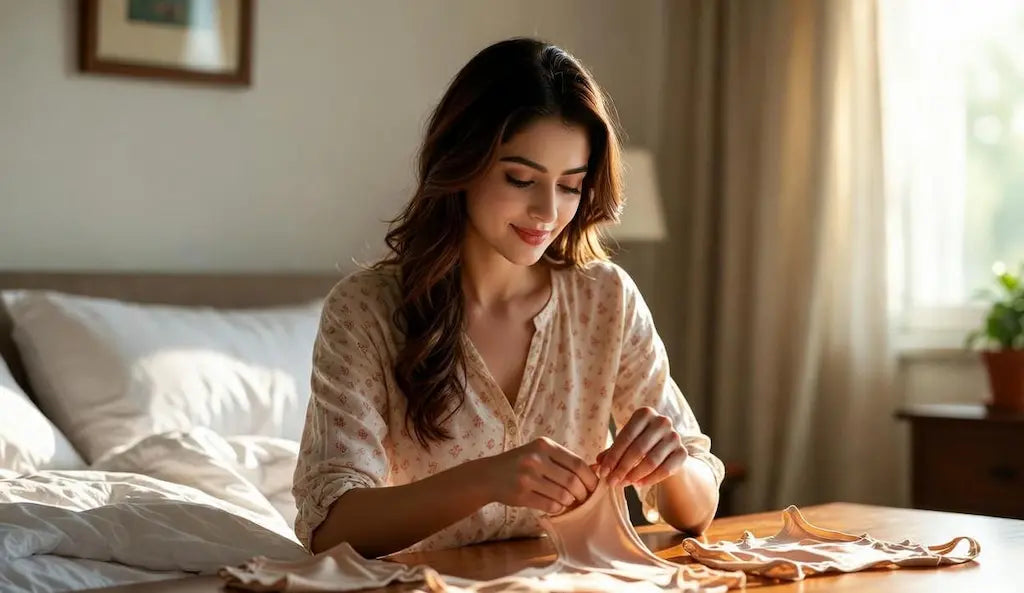 Woman gently folding shapewear in a calm bedroom setting as part of everyday care routine