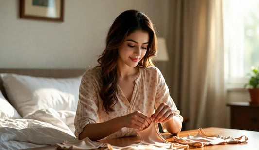 Woman gently folding shapewear in a calm bedroom setting as part of everyday care routine