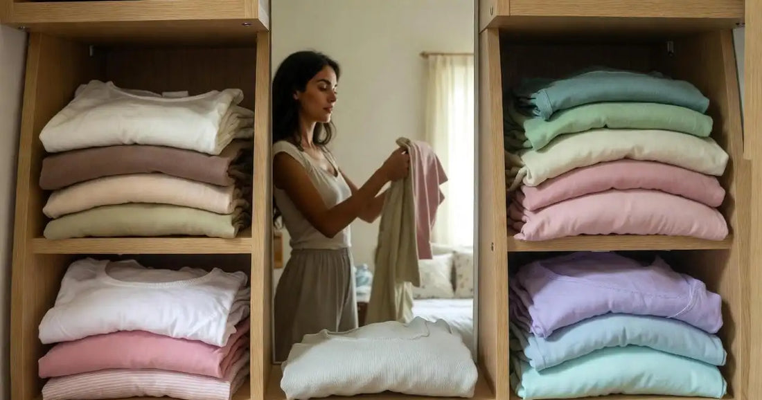 Everyday tops neatly organised in a calm wardrobe to keep them looking new