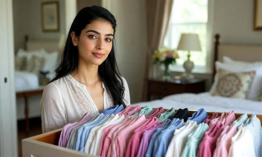 Neatly organised tops drawer with folded everyday tops in a calm wardrobe setting