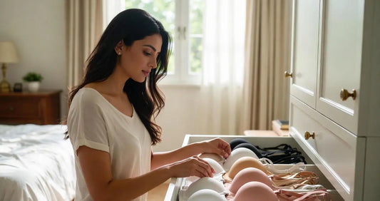 Woman selecting bras from a neatly organised drawer in a calm bedroom