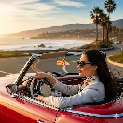 Person driving a red convertible along a coastal road—auto & travel gear.