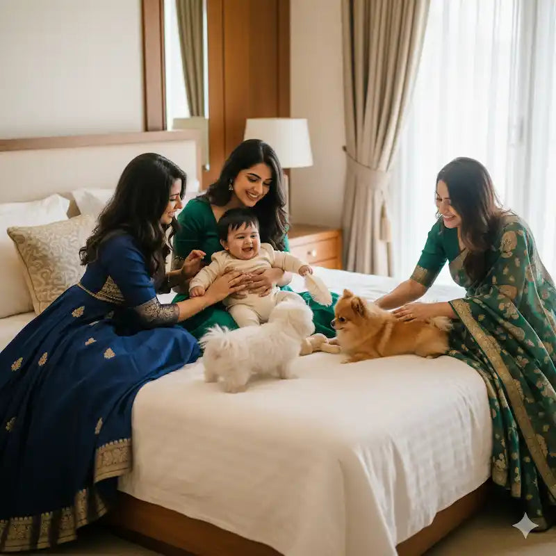 women playing on a bed with small dogs—baby and pet care lifestyle.