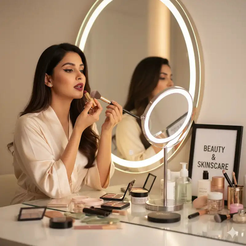 Woman doing makeup at a vanity—beauty & skincare.