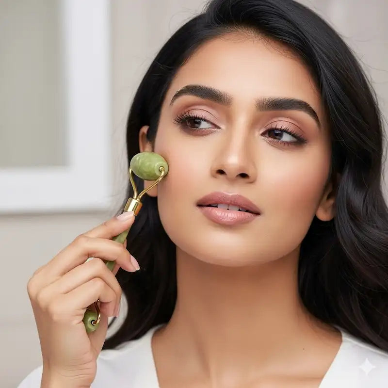 Woman using a facial roller on her cheek against a neutral background, demonstrating beauty tool usage.