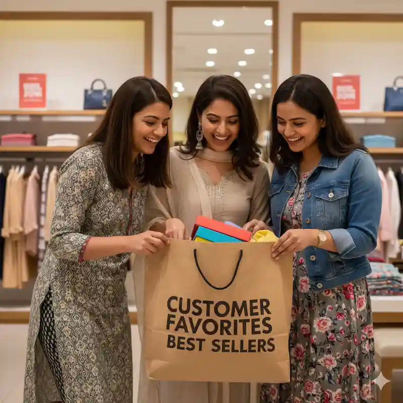 Three women smiling and looking into a shopping bag—customer favorites and best sellers.