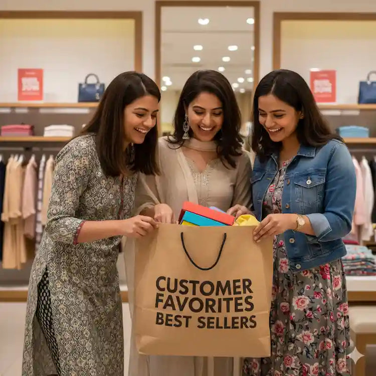 Three women smiling and looking into a shopping bag—customer favorites and best sellers.
