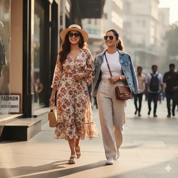 Women walking in city wearing casual outfits—fashion and accessories.