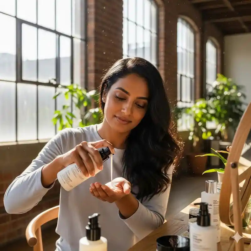 Woman in a bright loft squeezing lotion from a bottle into her palm, illustrating hair and body care product use.