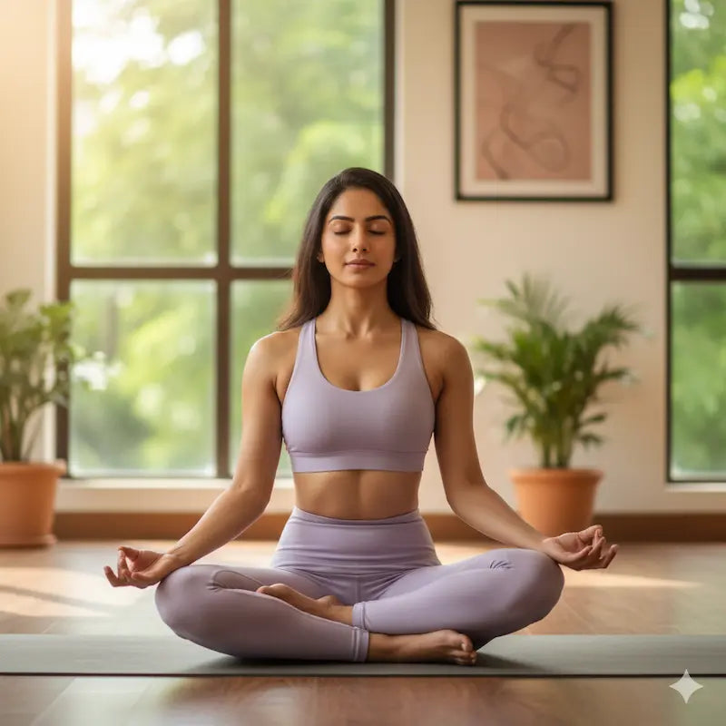 oman practicing yoga in a seated lotus pose indoors, Wellness category image