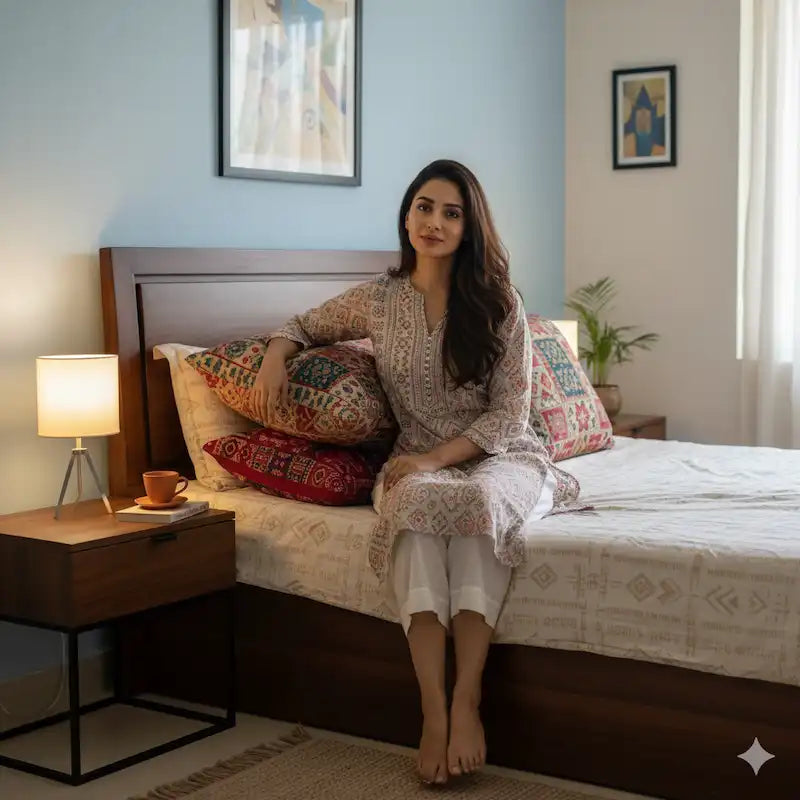 Tidy bedroom with bedside lamp, cushions and neatly made bed—home essentials.