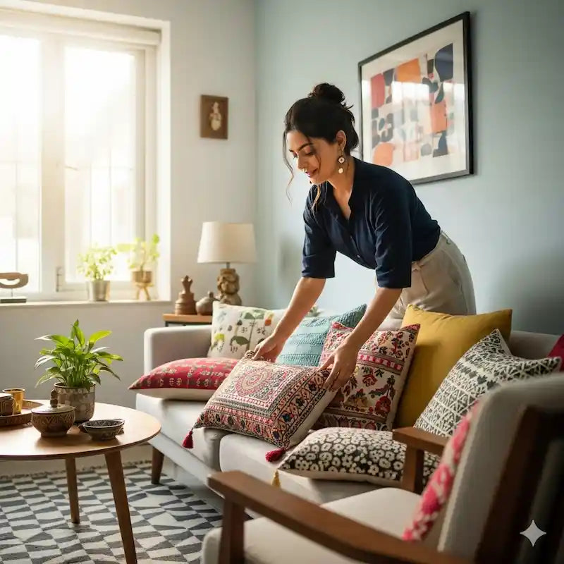 Person arranging cushions in a bright modern living room—home & lifestyle essentials.