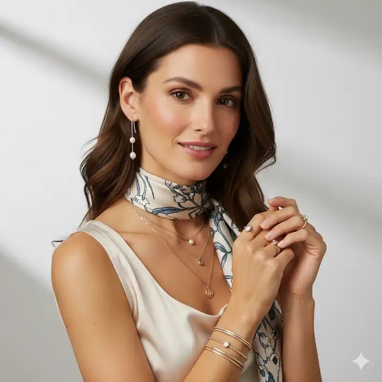 Woman wearing layered gold jewelry and a floral scarf, close-up fashion shot.