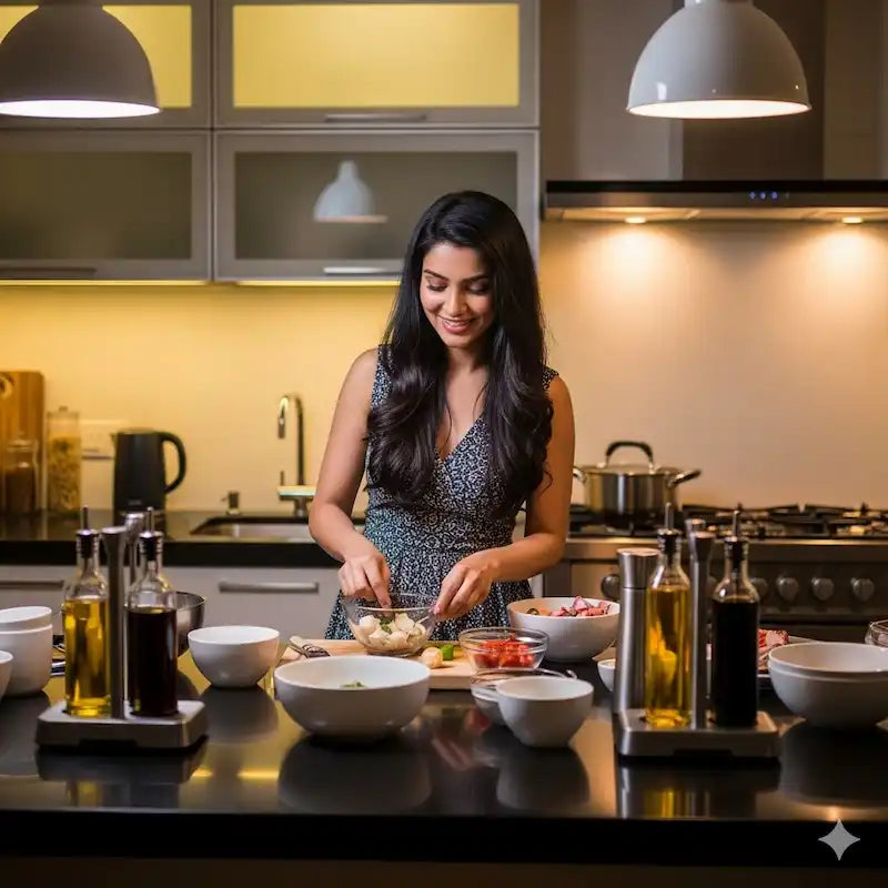 Woman preparing food in a modern kitchen with bowls and dispensers—kitchen essentials.