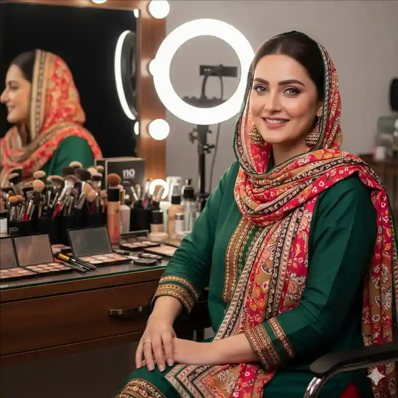 Vanity table with ring light, mirror and makeup products; a woman seated and smiling before the mirror.