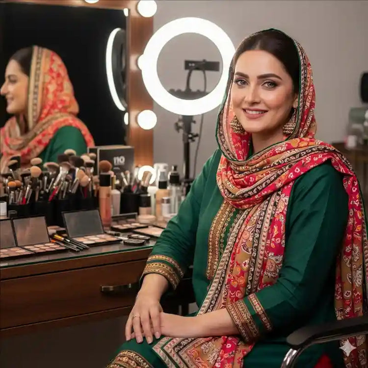 Vanity table with ring light, mirror and makeup products; a woman seated and smiling before the mirror.