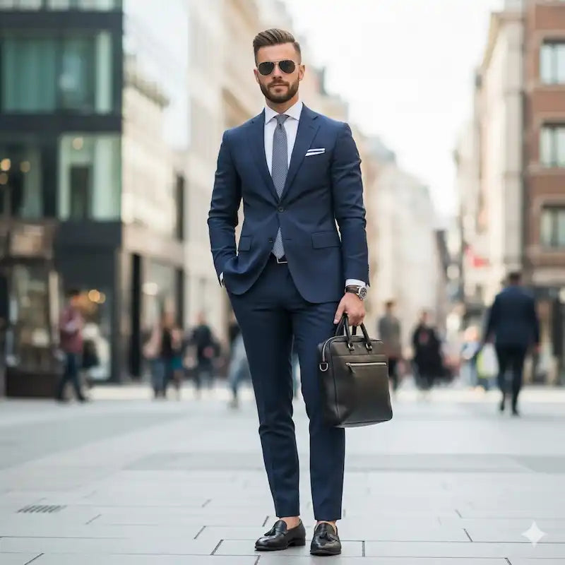 Man in a navy business suit walking on a city street carrying a leather briefcase.