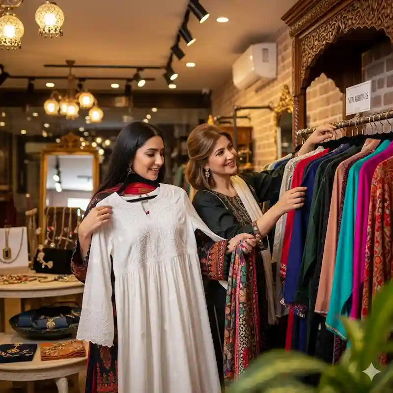 Two women browsing a clothing rack in a boutique; one holding a white dress—new arrivals lifestyle image.