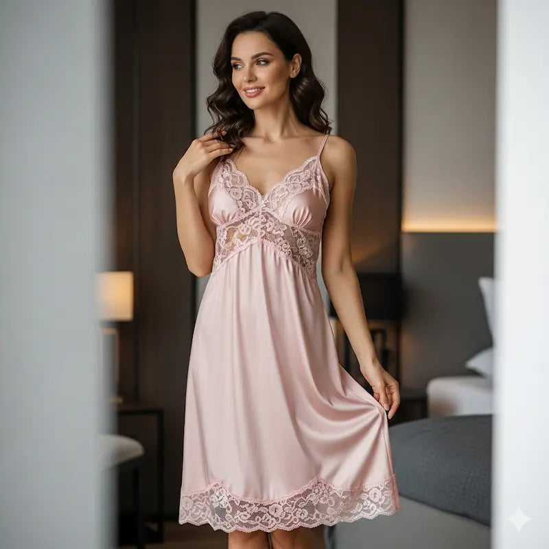 Woman in a soft pink lace nightdress standing in a bedroom.
