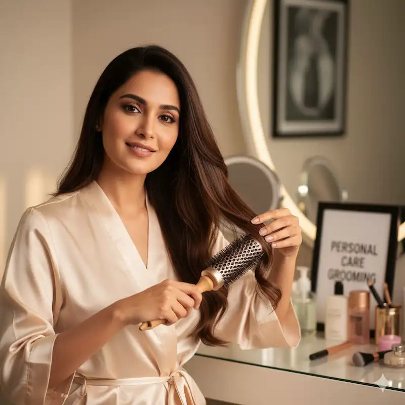 women is  brushing hair with a round brush—personal care grooming.