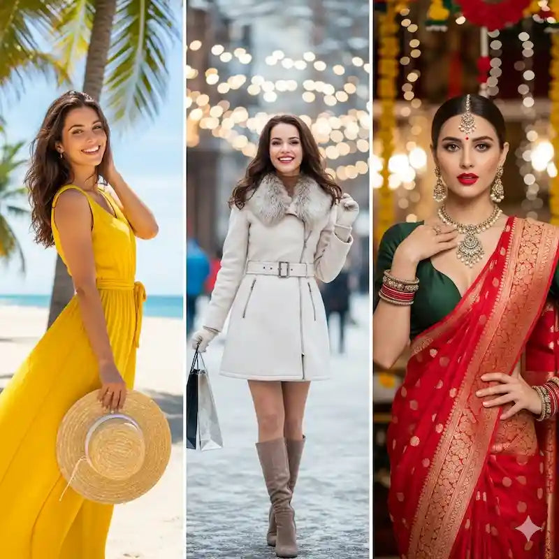 Three seasonal fashion looks—yellow beach dress, winter coat, and festive red saree