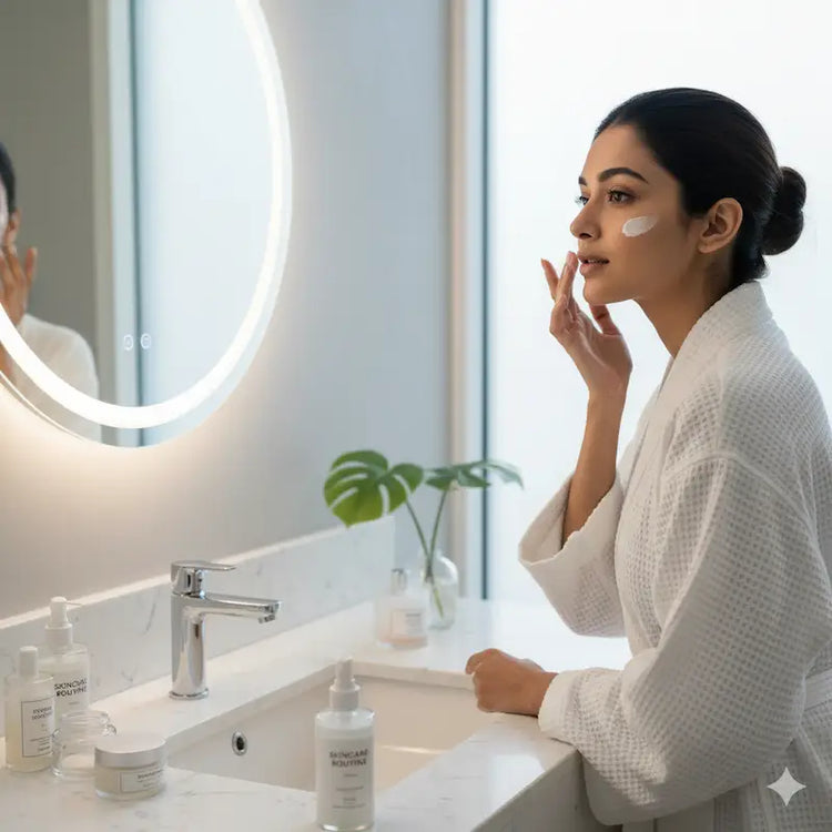 Woman applying face cream in a modern bathroom—skincare routine.
