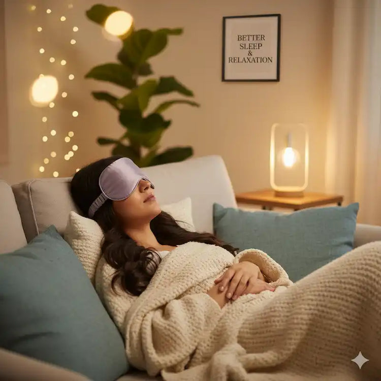 Woman resting on a sofa with an eye mask in soft lighting—sleep and relaxation.