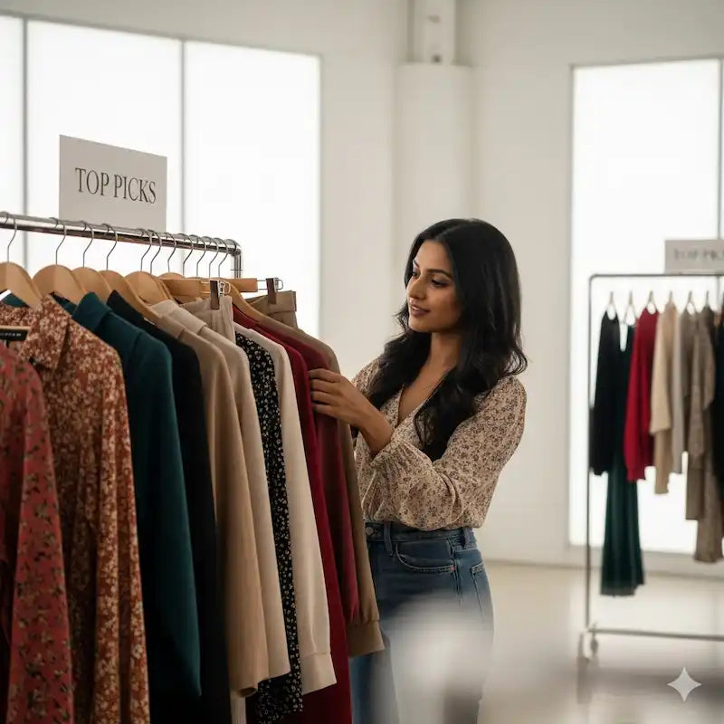 Person browsing clothes in a bright studio—curated best-selling “Top Picks”.