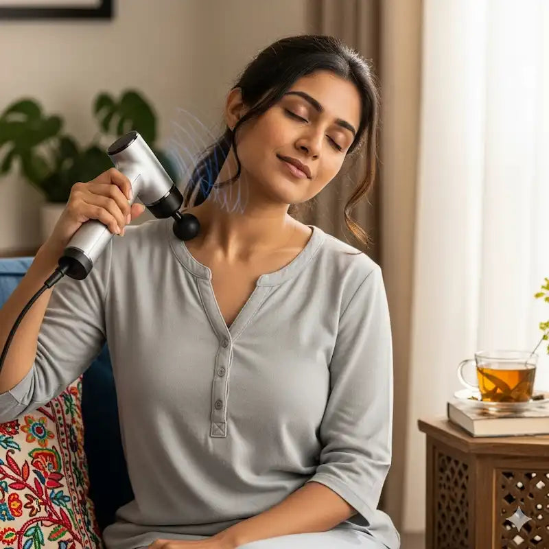 Women using a handheld massager on the shoulder while resting—wellness tool.