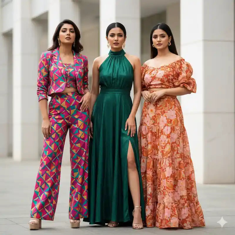 Three women in colorful outfits—a patterned suit, green halter dress, and floral off-shoulder dress—posing outdoors
