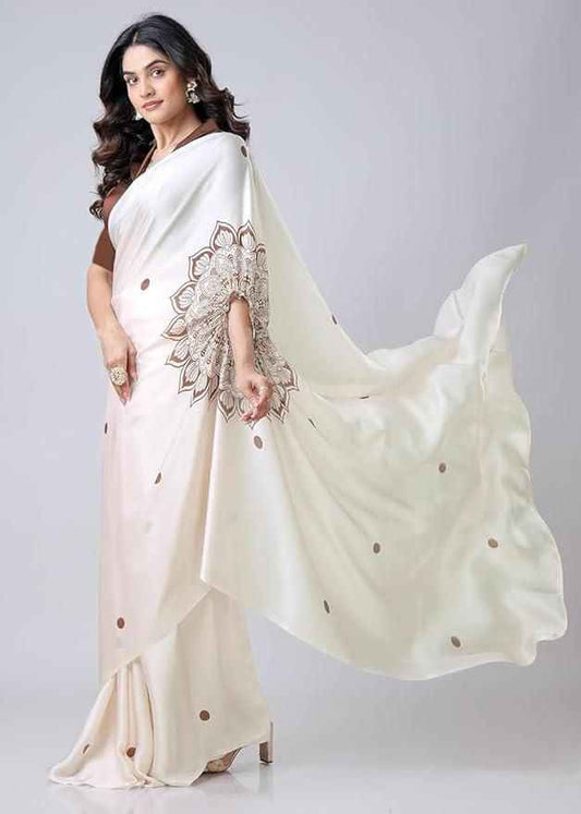 Satin Silk Printed Kaftan Saree With Unstitched Blouse