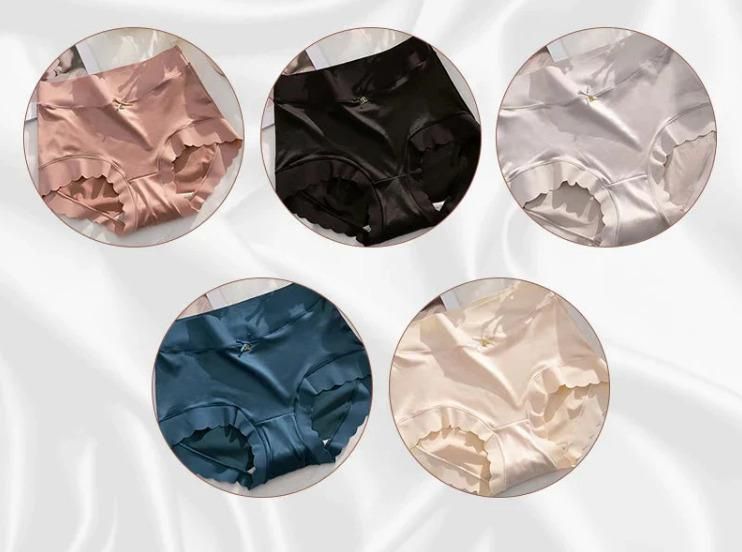 Five circular images showing different colors of satin fabric on a white background.