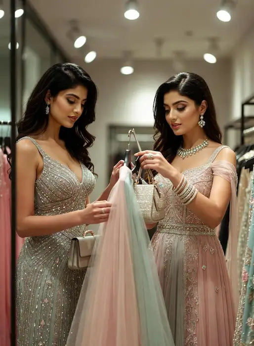 Two women in elegant dresses examining a dress in a store.