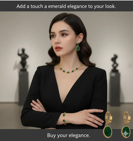 Woman wearing green jewelry with text promoting elegance.