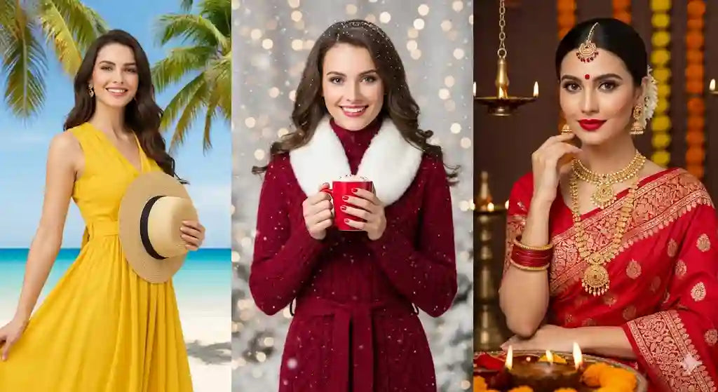 Women in summer, winter, and festive outfits highlighting seasonal and festival deals