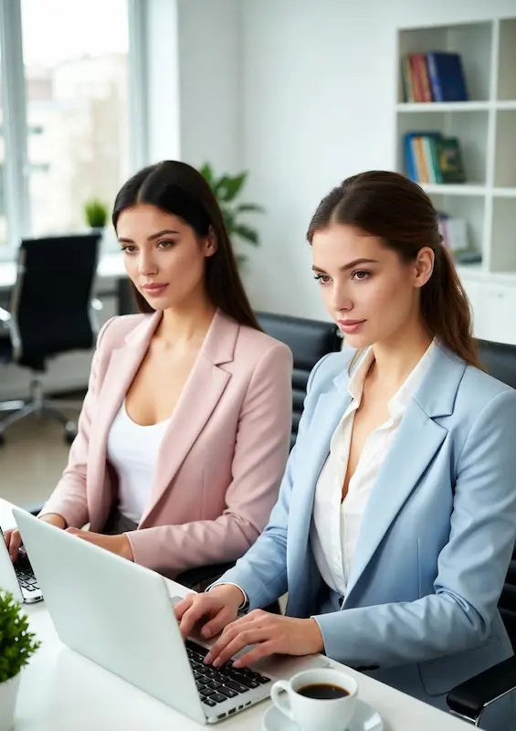 Two women working on a laptop in an office setting.